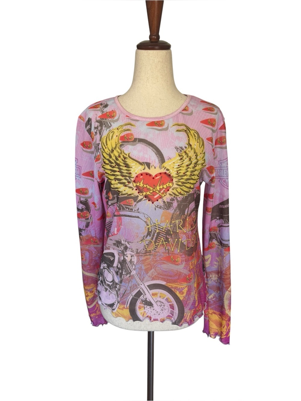 Vintage Y2K Harley Davidson Top Rhinestone Heart Wings Tattoo Biker Print Large